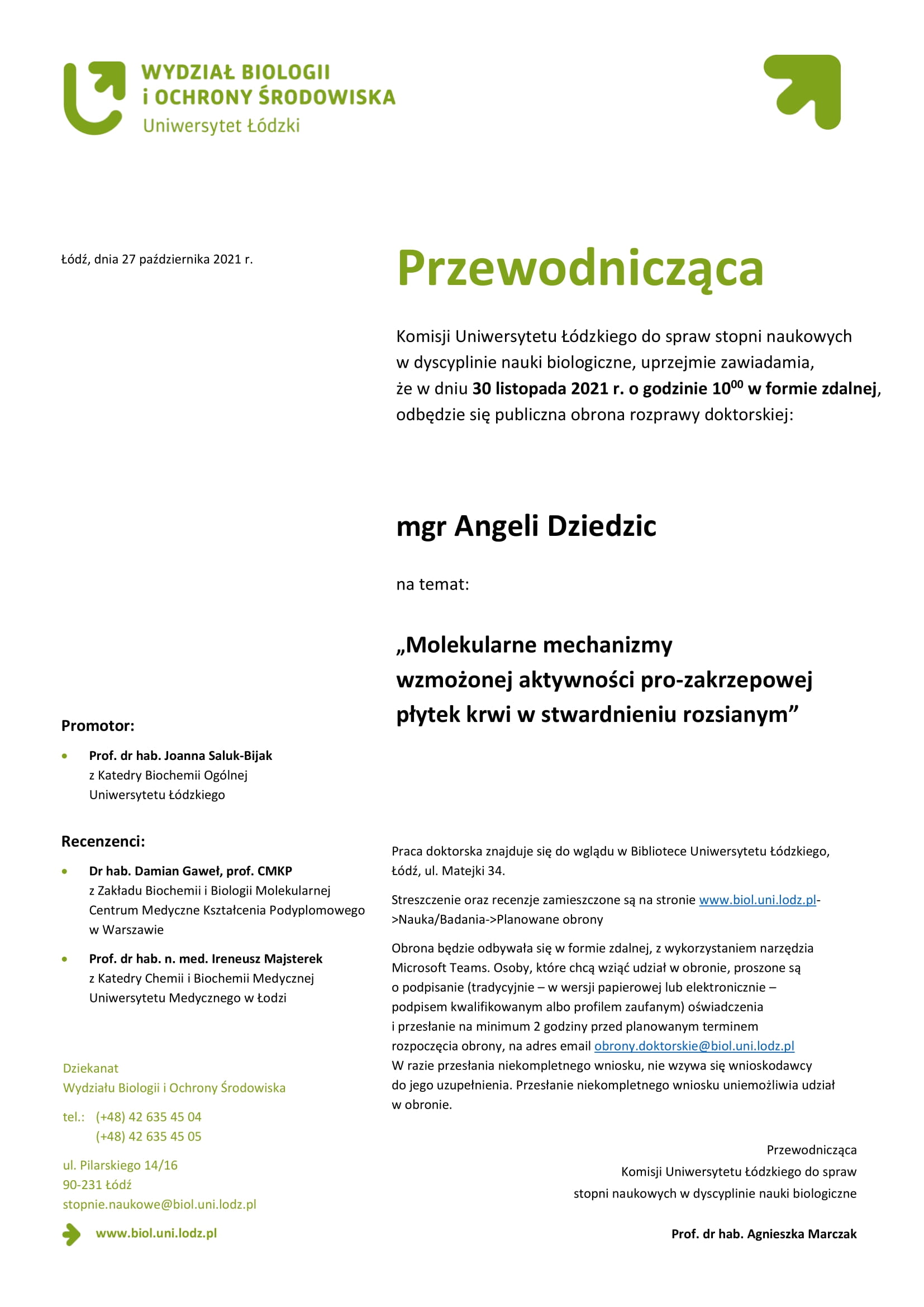 Informacja o obranie rozprawy